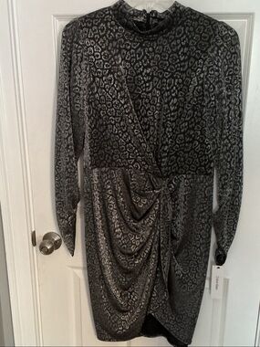 Calvin Klein Black & Silver Metallic Leopard-Print dress, knee length NWT